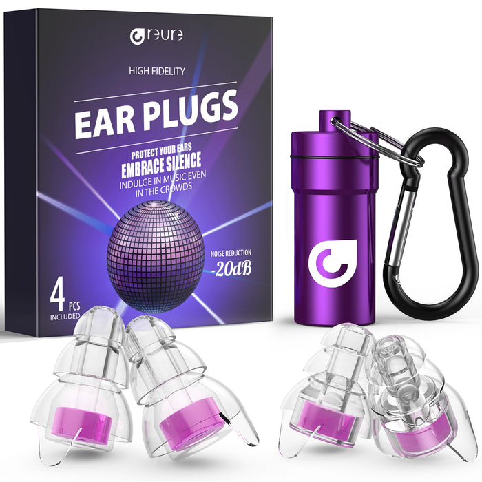 Reure High Fidelity Concert Ear Plugs, Noise Cancelling Silicone Ear Plugs 2 Pairs Great for Concerts Loud Music, Musicians, Motorcycles, Airplanes, Raves, Hearing Protection -20 dB