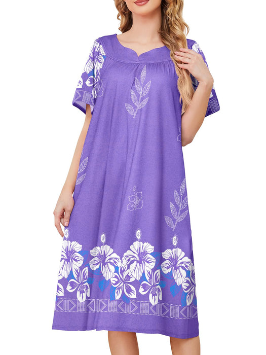 udforsk House Dresses for Older Women with Pocket Moomoo Nightgown,Moo Moos for Women Plus Size Grandma House Dresses for Elderly Duster Housecoat Muumuu Dresses for Women Purple Flower XXXL