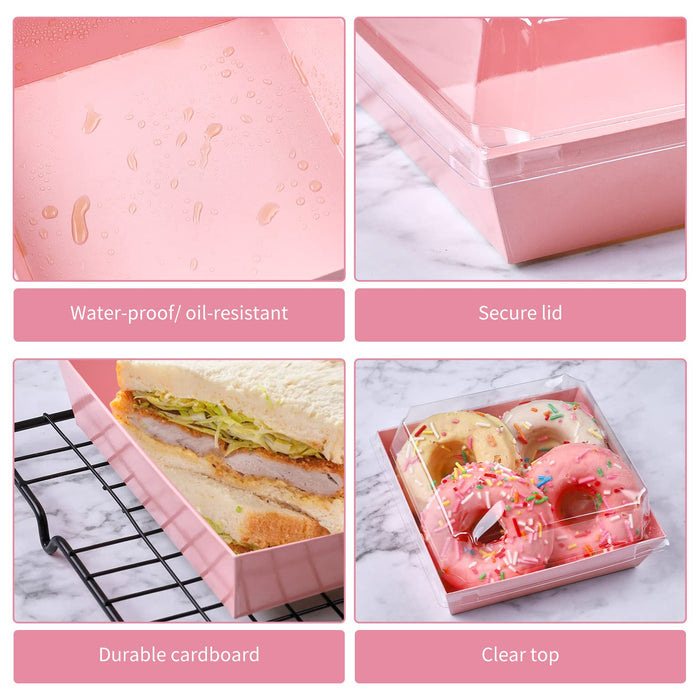 Ocmoiy Small Charcuterie Boxes with Clear Lids, To Go Paper Disposable Food Containers, 5 Inches Bakery Dessert Boxes for Sandwich, Cookie, Pastry, Cake Slice (Pink, 50ct)