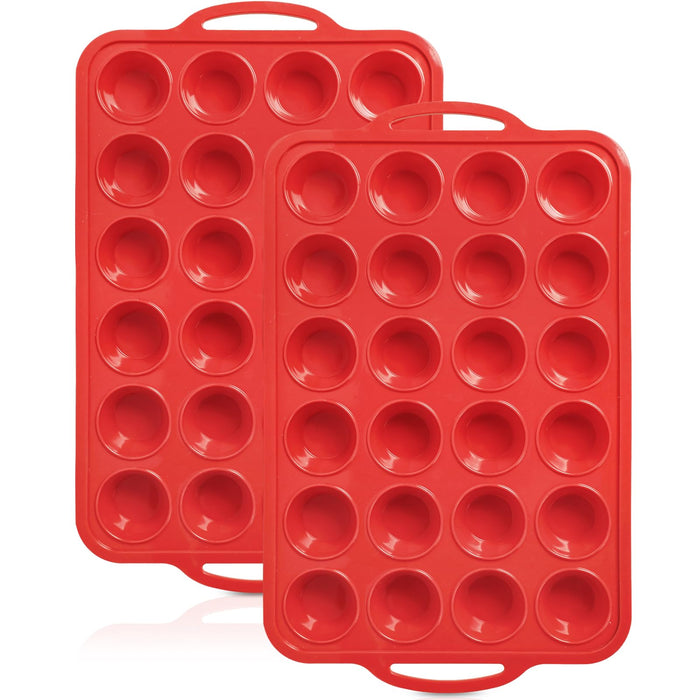 2 Pack Mini Silicone Muffin Pan with Metal Frame, Non-stick Regular Silicone Cupcake Pan with Handles 24 Cup, Silicon Muffin Tin Tray for baking, egg bites, Cupcake Mold, BPA Free Red