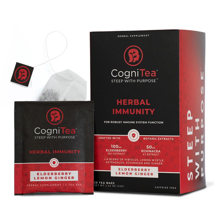 CogniTea Herbal Immunity Tea - Immune System Booster - 100mg High- Potency Elderberry, 50mg Echinacea, Lemon, & Ginger Organic Herbal Tea Bags - Caffeine Free Immunity Boost