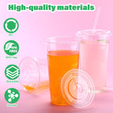 Nuogo 100 Set 32oz Clear Plastic Cups with Flat Lids and Straws, PET Plastic Cups with Lids Colored Straws Drinking Plastic Disposable Cup for Ice Cream Cold Drink Iced Coffee Tea Juice (Multicolor)