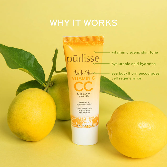 pūrlisse Youth Glow Vitamin C CC Cream SPF 50: Cruelty-Free & Clean, Paraben & Sulfate-Free, Full Coverage, Hydrates with Hyaluronic Acid | Light 1.4oz