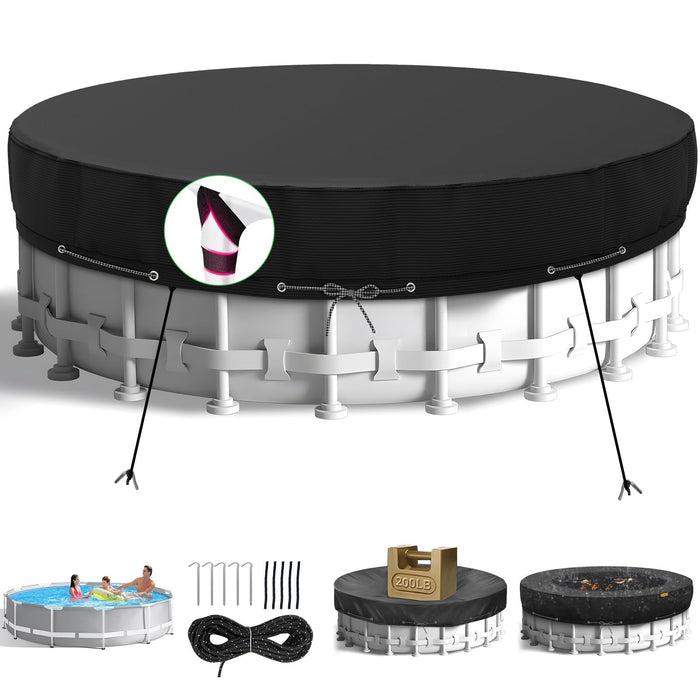 10Ft Round Pool Cover,Heavy Duty Waterproof Round Pool Covers for Above Ground Pools with Ground Nails and Windproof Ropes,Increase Stability&Tear-Resistant, Waterproof and Dustproof, Black