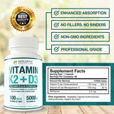 Max Absorption Vitamin K2 + D3 (5000IU) 90 Veggie Capsules from MK-7 (Menaquinone-7) and Cholecalciferol (with BioPerine) 3-Months Supply – D3 with K2 for Healthy Heart and Strong Bones | Non-GMO