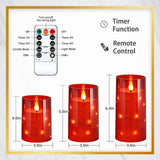 NURADA Flickering Flameless Candles: Built-in Star String Lights Battery Operated LED Pillar Candles with Remote and Timer Romantic Decorations for Wedding Party Christmas Halloween - Red 3 Pack