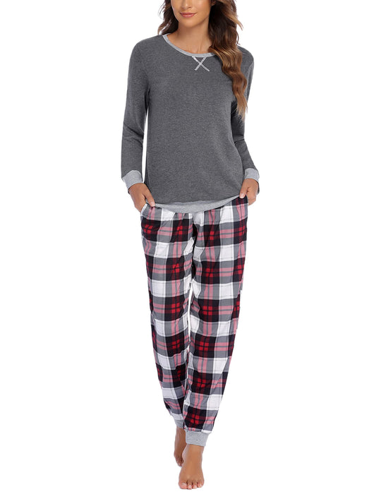 Ekouaer Pajamas For Women Long Sleeve Crew Neck Christmas Comfy Pjs Lounge Sets With Pockets Grey Plaid,Large