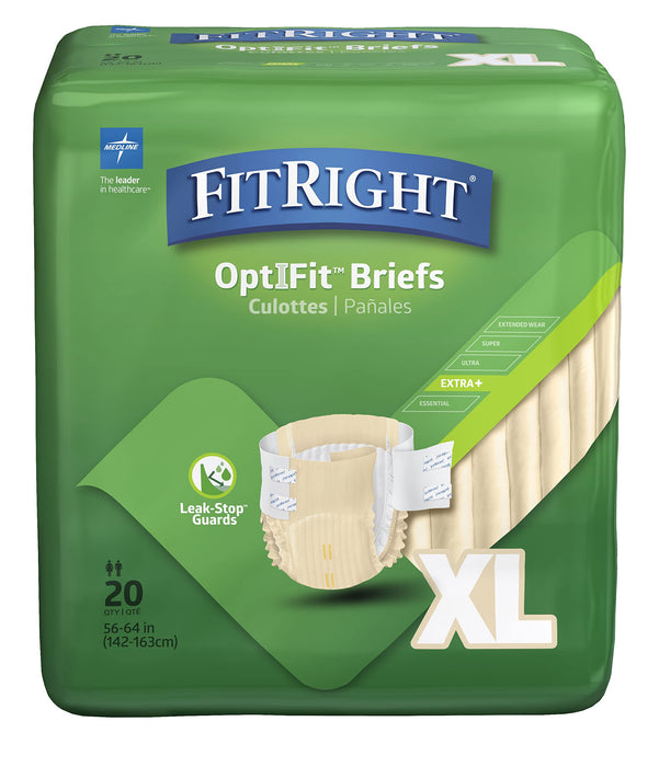 FitRight OptiFit Extra+ Adult Diapers with leak stop guards, Disposable Incontinence Briefs with Tabs, Moderate Absorbency, X-Large, 57"-66", 20 count (Pack of 4)