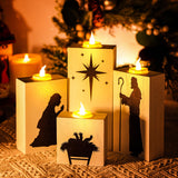 VIHOSE 4 Pcs Christmas Nativity Scene Candle Holders Tea Light Jesus Advent Candle Holder Wood Block Nativity Table Centerpiece Decor with Battery Operated LED Candles for Christian Gift