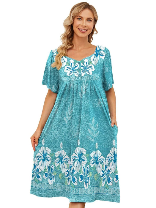 Moo Moos House Dresses for Women with Pockets Mumu Lounge Dresses Short Sleeve Duster Housecoats Patio Dresses Nightgowns House Dresses for Elderly Night Shirt Moomoo Dress for Women Sleepwear Green S