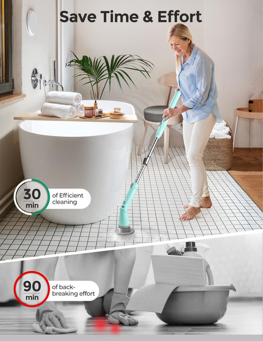 kHelfer Electric Spin Scrubber Kh8,Cordless Shower Scrubber, 4 Replacement Head, 1.5H Bathroom Scrubber Dual Speed, Shower Cleaning Brush with Extension Arm for Bathtub Tile Floor