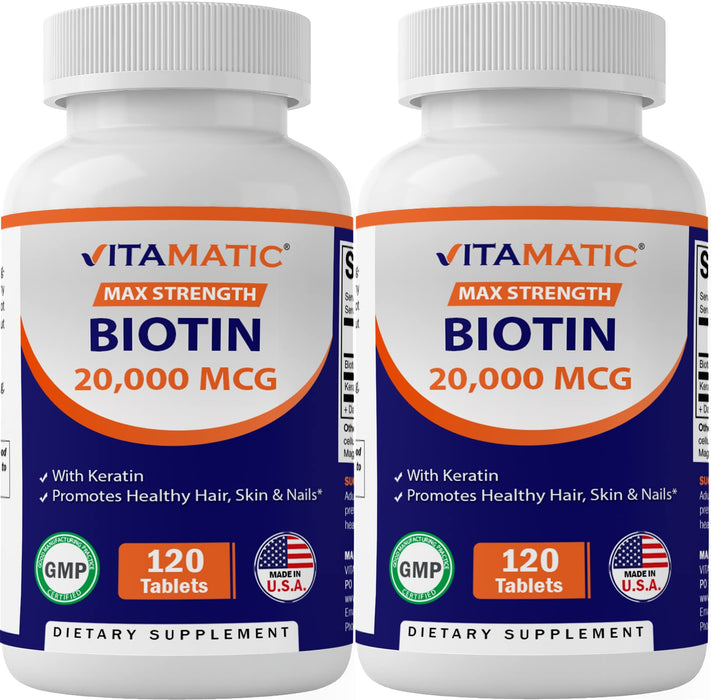 Vitamatic High Potency Biotin 20000 mcg (20mg) with Keratin 100mg - 120 Vegetarian Tablets - Biotin Supplements for Healthy Hair Skin & Nails for Adults (120 Count (Pack of 2))