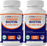 Vitamatic High Potency Biotin 20000 mcg (20mg) with Keratin 100mg - 120 Vegetarian Tablets - Biotin Supplements for Healthy Hair Skin & Nails for Adults (120 Count (Pack of 2))
