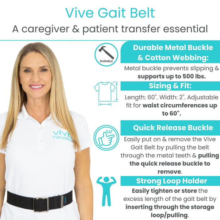 Vive Gait Belt (60 Inch) - Transfer Assist Device for Caregiver, Nurse, Therapist, Seniors, Elderly, Bariatric, Occupational and Physical Therapy - Medical Nursing Safety - Walking & Standing Aid