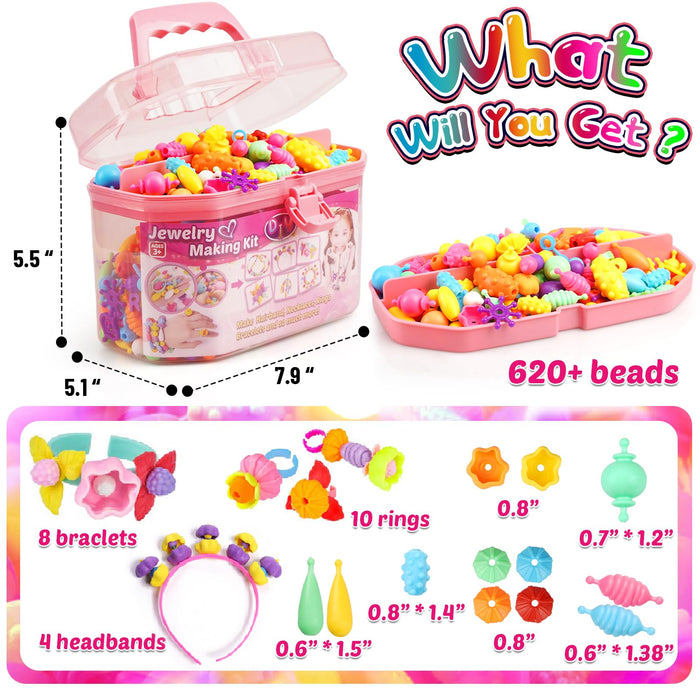 FUNZBO 620+ Snap Pop Beads Kit - Christmas Gifts for Kids, Kids Jewelry Making Kit with Bracelets, Headbands & Rings, Arts and Crafts Kit, Toys for Girls, Crafts for Kids Ages 4-8