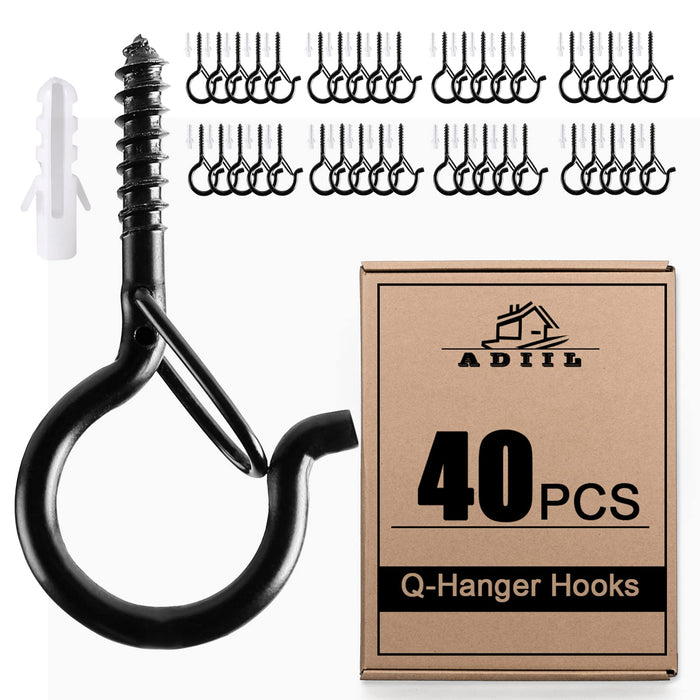 ADIIL 40 PCS Q Hanger Hooks with Safety Buckle, Windproof Screw Hooks for Hanging Outdoor String Lights, Plants, Christmas Patio Lights, 2.2 Inches, Black