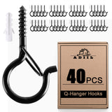 ADIIL 40 PCS Q Hanger Hooks with Safety Buckle, Windproof Screw Hooks for Hanging Outdoor String Lights, Plants, Christmas Patio Lights, 2.2 Inches, Black