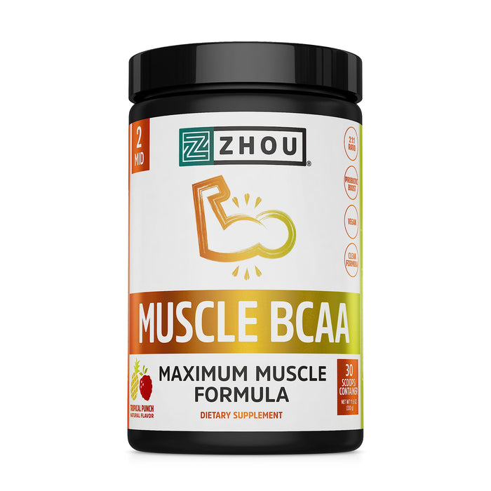 Zhou Nutrition Muscle BCAA Powder, Vegan Muscle Recovery, Natural, Clean Formula for Optimal Absorption, Probiotic Boost, Vitamin C, Gluten and Sugar Free, Tropical Punch, 30 Servings