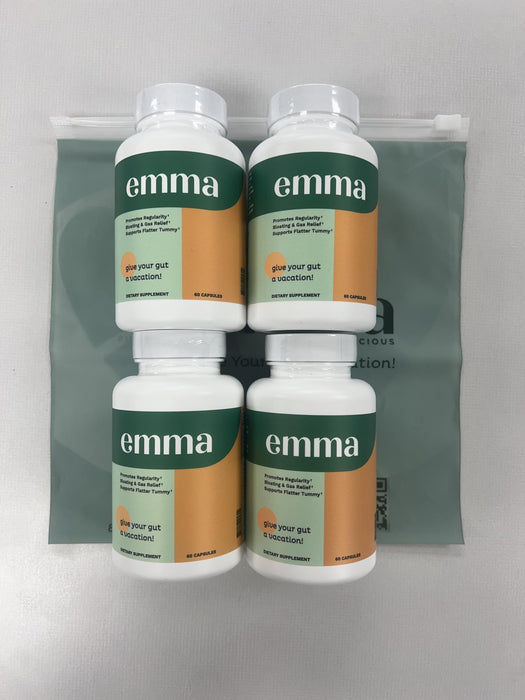 Emma Gut Health - 4 Pack - Gas and Bloating Relief, Constipation, Leaky Gut Repair - Gut Cleanse & Restore Digestion - Regulate Bowel Movement. Probiotics and Laxative Alternative, 240 Capsules