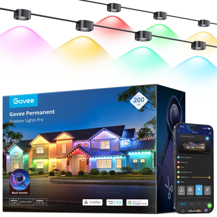 Govee Permanent Outdoor Lights Pro, 200ft with 120 RGBIC LED Lights, Black