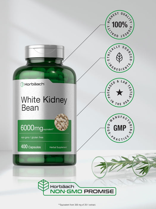 Horbaach White Kidney Bean Extract Capsules | 6000mg | 400 Count | Non-GMO & Gluten Free