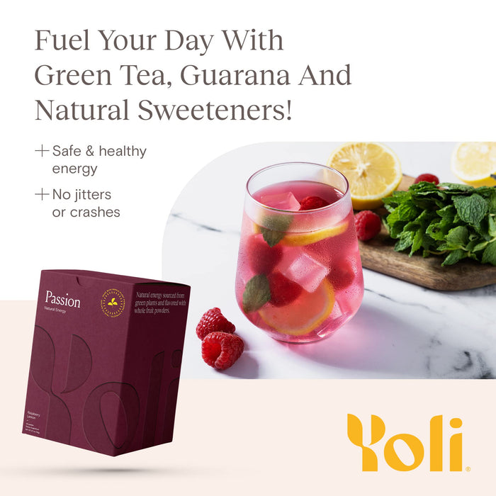 Yoli® Passion Energy Drink Powder Mix - Natural Energy Drink Mix for Endurance and Stamina, 30 Packets - Raspberry Lemon Flavor