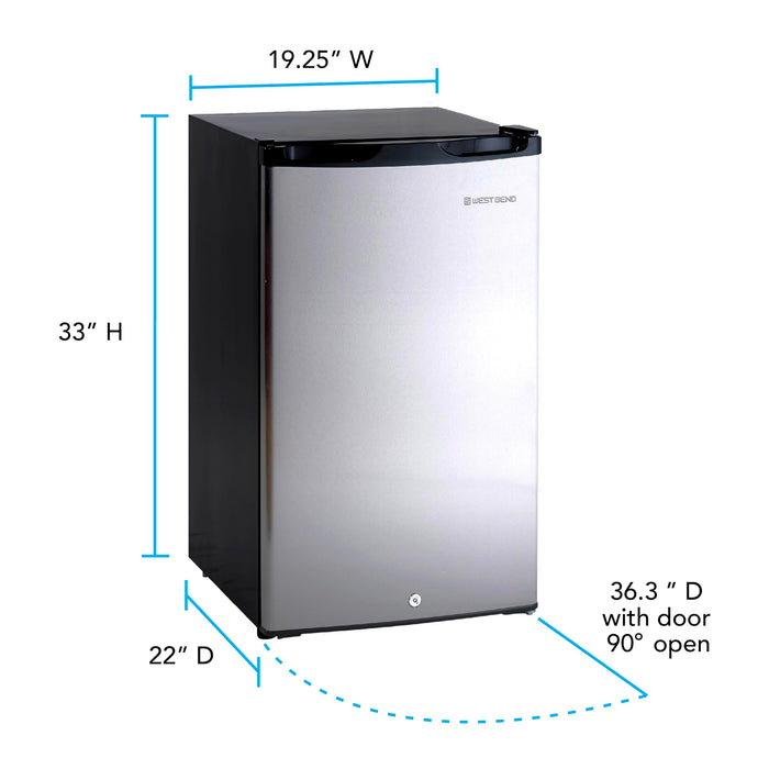 West Bend Mini Fridge Compact Refrigerator for Home Office or Dorm, Auto Defrost with Reversible Door, Energy Star Rated, 4.4-Cu.Ft., Stainless Steel