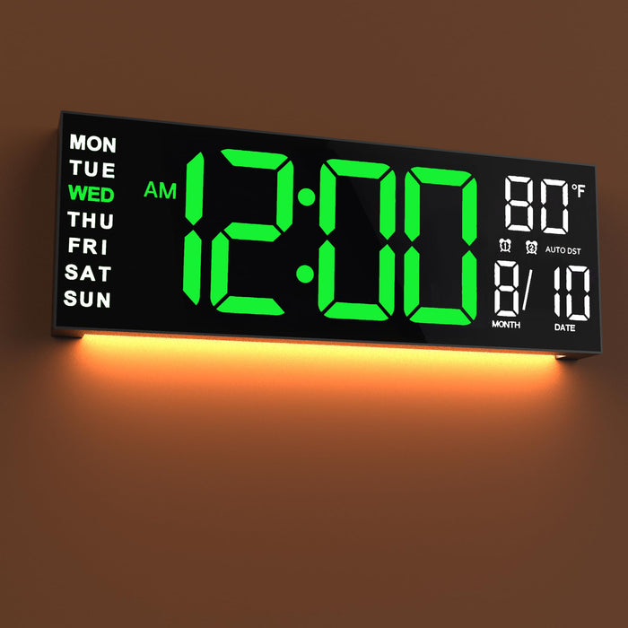 JALL 16" Large Digital Wall Clock Timer, Remote Controll, 2 Alarms, LED Display, 8 RGB Color, Auto DST, Temperature for Living Room, Bedroom, Desk, Mounted, Gift for Elderly (Green White, 16 inches)