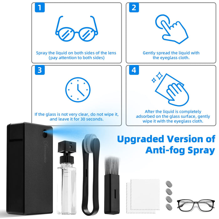 Eyeglass Cleaner Kit for Cleaning Glasses, 5-in-1 Eye Glasses Lens Cleaner|Cleaner Tool Case+Anti-Fog Mist Cleaner Spray+Soft Brush+Recyclable Sunglasses Lens Clamp Clip+Microfiber Cloth for Travel