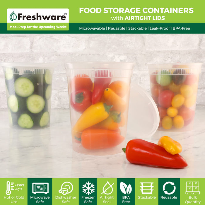 Freshware Food Storage Containers [24 Set] 32 oz Plastic Deli Containers with Lids, Slime, Soup, Meal Prep Containers | BPA Free | Stackable | Leakproof | Microwave/Dishwasher/Freezer Safe