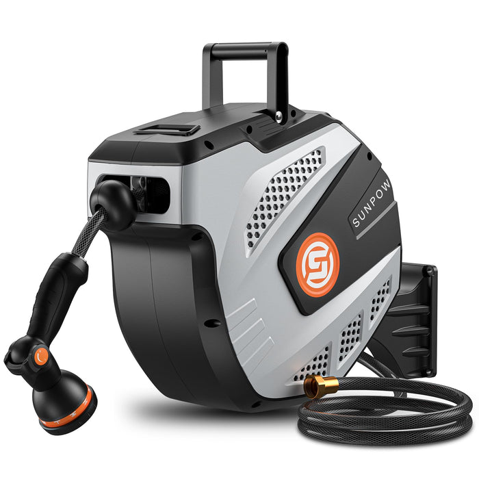SUNPOW Retractable Garden Hose Reel - 1/2 inch x 85ft Heavy Duty Wall Mounted Hose Reel with 3/4 inch Brass Fitting & 10 Sprayer Nozzle - Any Length Lock, Auto Rewind System, 180°Swivel Bracket- Grey