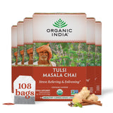 Organic India Tulsi Masala Chai Herbal Tea - Holy Basil, Stress Relieving & Enlivening, Immune Support, Vegan, USDA Certified Organic, Black Tea, Antioxidant, Caffeinated - 18 Infusion Bags, 6 Pack