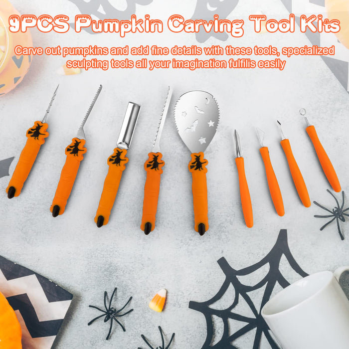 TRAALL Pumpkin Carving Kit Tools Halloween, Professional Heavy Duty Carving Set, Stainless Steel Sculpting Tool Carving Knife for Halloween Decoration Jack-O-Lanterns, Gift for Halloween(9PCS)