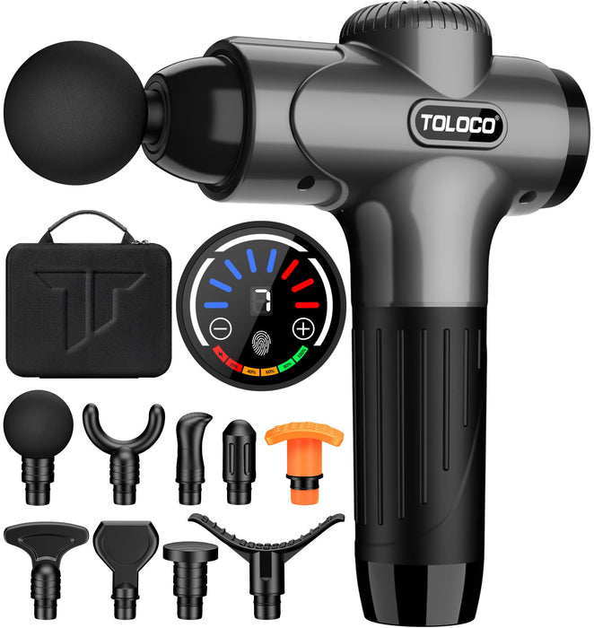 TOLOCO Massage Gun, Muscle Massage Gun Deep Tissue, Percussion Massage Gun with 9 Replacement Heads, Super Quiet Portable Electric Massager for Athletes, Treatment, Relax, Grey