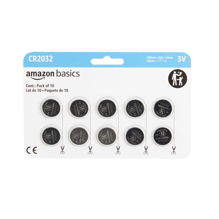 Amazon Basics 10-Pack CR2032 Lithium Coin Cell Battery, Compatible with AirTag, 3 Volt, Long Lasting Power, Mercury-Free