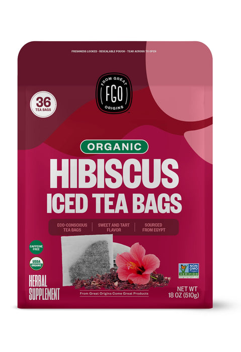 FGO Organic Hibiscus Iced Tea, 36 Eco-Conscious Pithcer Sized Tea Bags, Packaging May Vary (Pack of 1)
