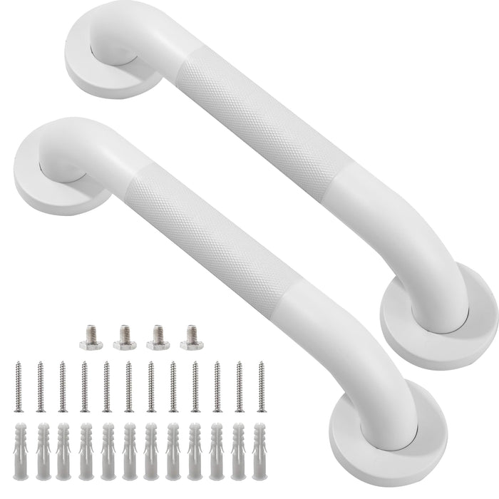 Rackickyer Shower Grab Bar, 2 Pack 12 Inch White Bathroom Grab Bar, 1.25" Diameter 304 Stainless Steel Anti-Slip Grab Bars for Bathtubs and Showers, Handicap Shower Grab Bar for Seniors Elderly