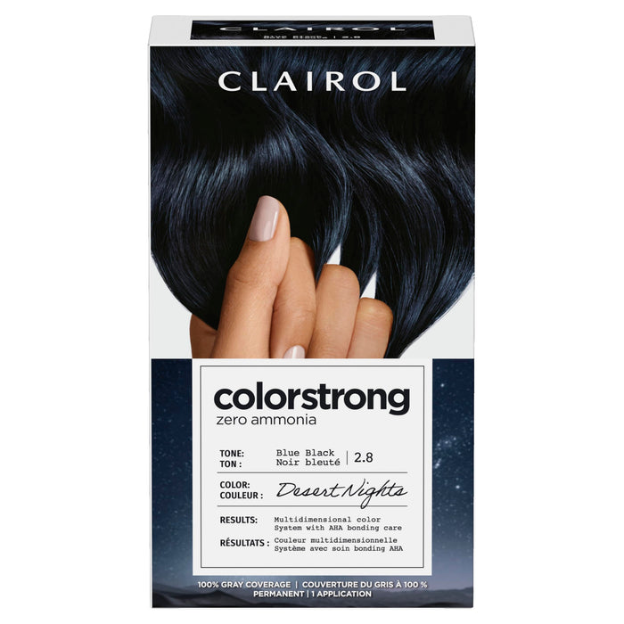 Clairol ColorStrong Permanent Hair Dye, Ammonia‑Free, PPD‑Free, 100% Gray Coverage with Bonding System, 2.8 Blue Black - Desert Nights Hair Color, Pack of 1