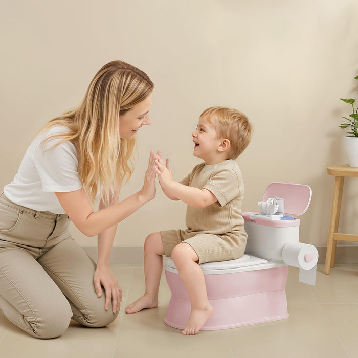 CheerTry 2-in-1 Toddler Potty Training Toilet - with Detachable Training Seat, Realistic Flushing Sound for Boys & Girls Ages 1-3 with Wipes Storage, Toilet Paper Holder