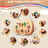 UdoUto Busy Board for Toddlers 1-3, Wooden Montessori Busy Board with LED Light, Switch Board Car Ride Travel Toys, 1 2 3 One Year Old Girl Boy Christmas Birthday Gifts