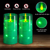 NURADA Flickering Flameless Candles: Built-in Star String Acrylic Battery LED Pillar Candles Candles with Remote and Timer for Home Party Weddings Christmas Halloween Decor -Green 2 Pack