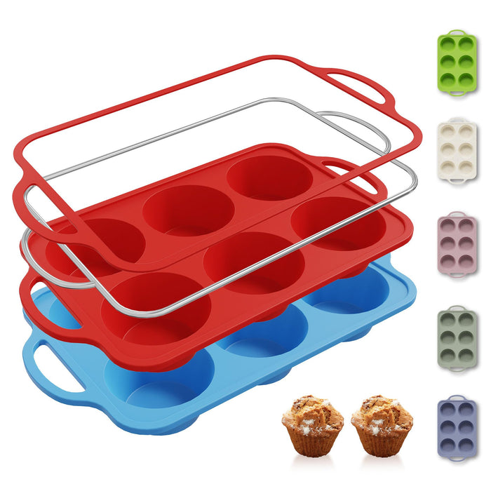 2 Packs 6 Cups Silicone Muffin Pan with Metal Reinforced Frame Jumbo Size Cupcake Pan Tray Egg Bites Cookie Molds Muffin Tin Tart Pans Moldes De Silicona Para Gelatina Hornear Flan Chocoflan