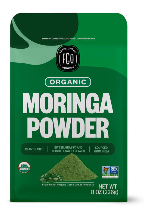 FGO Organic Moringa Oleifera Leaf Powder, 8oz Resealable Pouch, Sourced from India, Non-GMO, Packaging May Vary (Pack of 1)