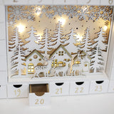 PIONEER-EFFORT Christmas Wooden Advent Calendar with 24 Drawers to Fill Small Gifts Christmas Scene with LED Lights Countdown to Christmas Tabletop Decoration