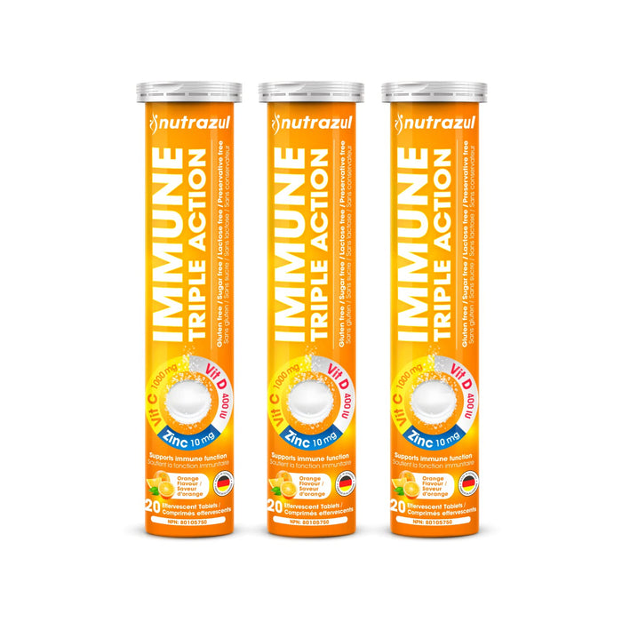 nutrazul Immune Triple Action Effervescent Tablet-1000 mg Vitamin C, Vitamin D, Zinc I Orange 20's (Pack of 3) I Gluten Free, Sugar Free, Lactose Free & Preservative Free I Maintains Immune Function