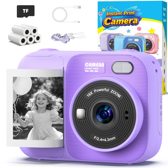 Kids Instant Print Camera with 5 Rolls Print Paper, 1080P HD Camera, Rechargeable Portable Toddler Selfie Camera, Christmas Birthday Gifts Toys for Boys Girls Age 3-12 (Purple)