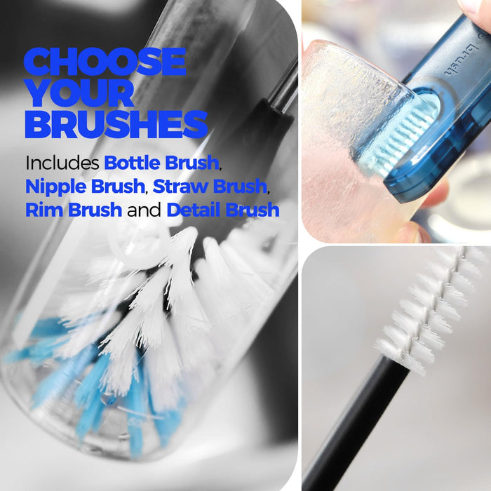 Holikme 6 Pack Bottle Brush Set, 14" Long Handle Stainless Steel Bottle Cleaner Brush, 3 Straw Brushes, 3-in-1 Bottle Cleaning Brush for Water Bottle, Baby Bottle, Blue&White