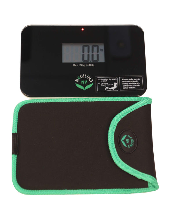 NewlineNY Step-on Super Mini Smallest Travel Bathroom Scale with Protection Sleeve: SBB0638SM-BK (Black) + NY-SMS-S001-BG