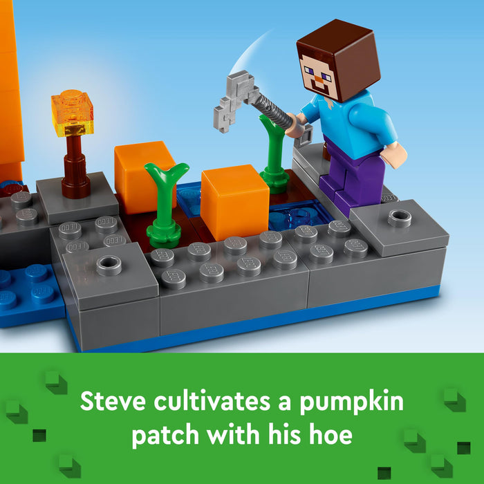 LEGO Minecraft The Pumpkin Farm Building Toy, Hands-on Action in The Swamp Biome Featuring Steve, a Witch, Frog, Boat, Treasure Chest and Pumpkin Patch, Halloween Toy for Kids Ages 8 and up, 21248