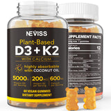 Vitamin D3 5000iu & K2( as MK7 ) 200mcg Gummies + 600mg Calcium, with Coconut Oil for High Absorption, Maximum Strength Vitamin D3 K2 Supplement - Support for Bones Muscle Teeth Immune, Vegan 60 Count